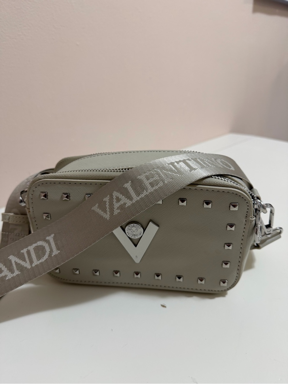 Valentino light gray Rockstud V crossbody with branded strap